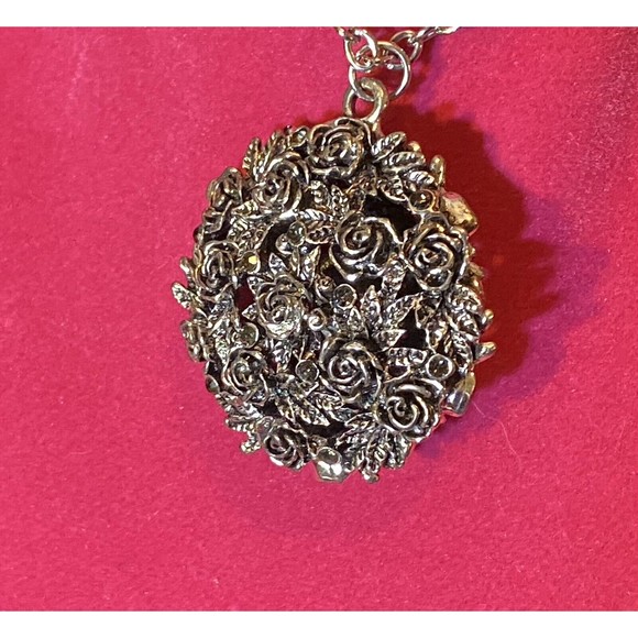 Modern Metal Necklace Pendant Tinted Roses and Rhinestones Hollow Inside - Picture 3 of 3